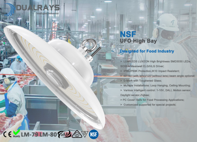 Dualrays NSF IP69K IK10 UFO食品工業のための高い湾ライト