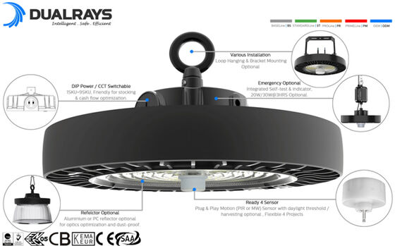 100 ワット 150 ワット 200 ワット DUALRAYS 照明 HB4H UFO LED ハイベイライト 185 Lm/W IP65 IK08 ENEC 調光可能な倉庫照明 5 年保証