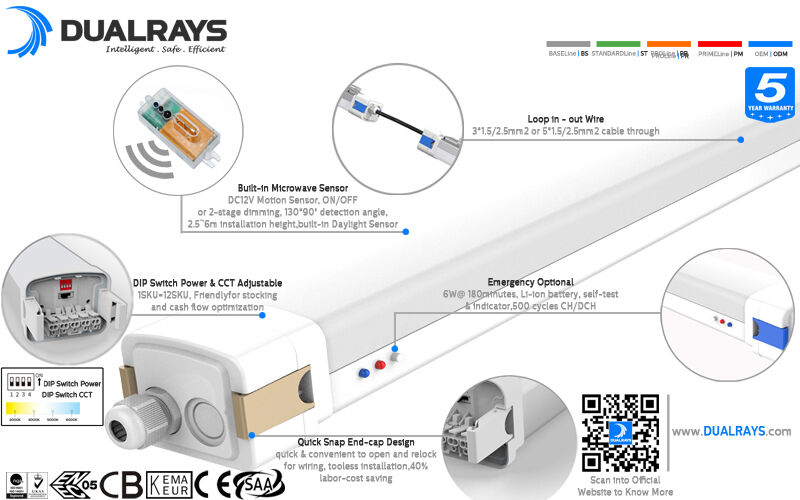 5ft/60W D5 LED 防湿ライト DIP 切り替え可能電源/3CCT と 1-10V,DALI,モーションセンサー,昼光センサー,ジグビーおよび緊急機能